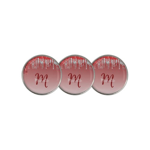 Stylish Modern Silver Red Glitter Drip Monogram Golf Ball Marker