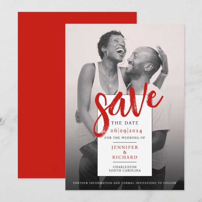 Stylish Modern Simple Red And White Photo Wedding Save The Date (Front/Back)