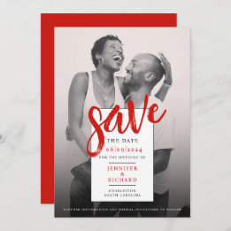 Stylish Modern Simple Red And White Photo Wedding Save The Date