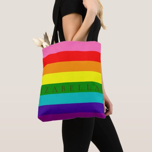 Stylish Modern Stripes in Rainbow LGBT Tones Name Tote Bag