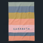 Stylish Modern Stripes Pretty Earth Tones Custom Kitchen Towel<br><div class="desc">Add a stylish touch to your kitchen with this modern striped kitchen towel featuring soft earth tones. The beautiful blend of navy, peach, coral, pink, ochre, and sage green creates a chic and trendy look that complements any kitchen decor. Whether you're drying dishes or using it as an accent, this...</div>