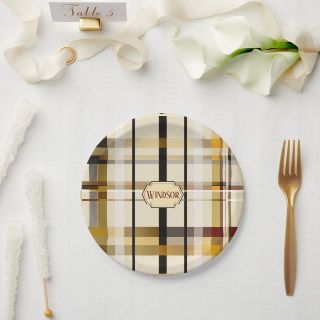 Stylish Modern Taupe and Gold Plaid  Paper Plates (Wedding)