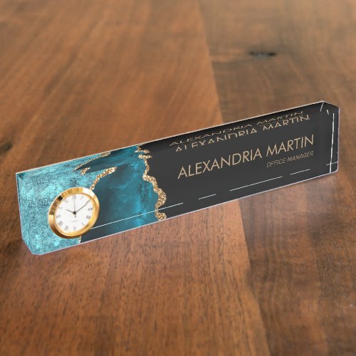 Stylish Modern Teal Black Gold Glitter Desk Desk Name Plate