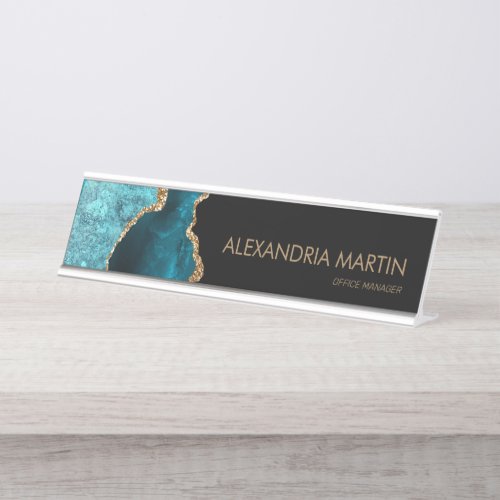 Stylish Modern Teal Black Gold Glitter Desk Name Plate