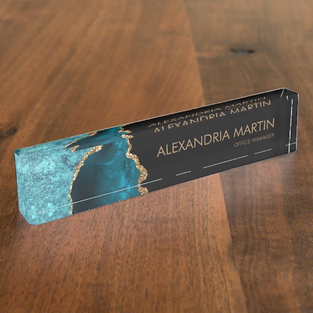 Stylish Modern Teal Black Gold Glitter Desk Name Plate (Side)
