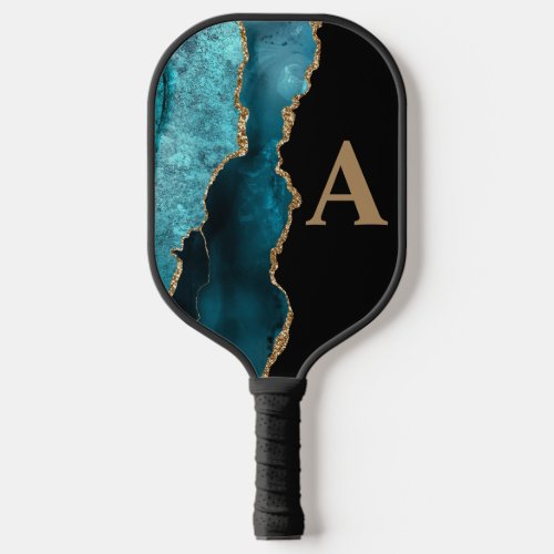 Stylish Modern Teal Black Gold Glitter Monogram Pickleball Paddle