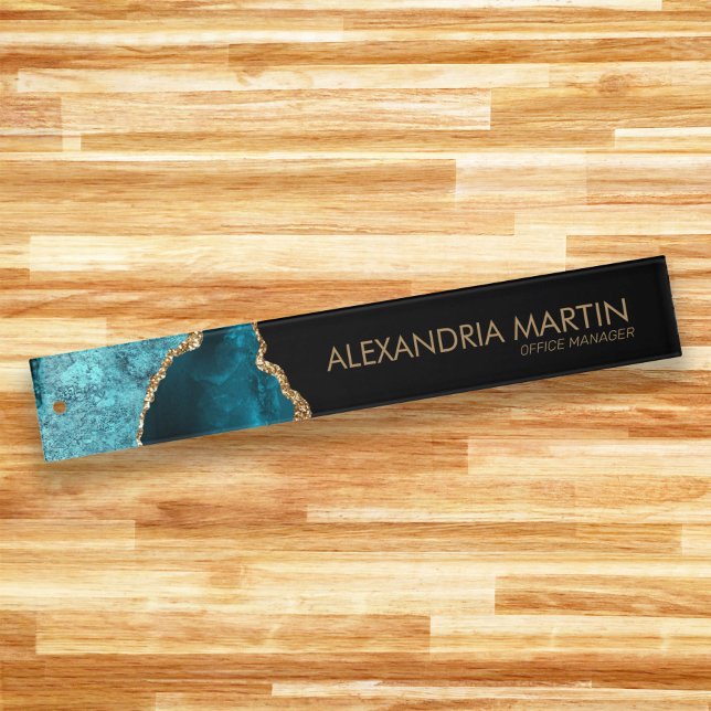 Stylish Modern Teal Black Gold Glitter Name Title Ruler (Teal, black, and gold marble ruler personalized with your name.)