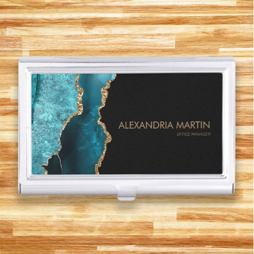 Stylish Modern Teal Black Gold Marble Business Card Case