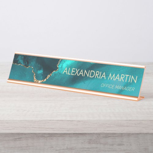 Stylish Modern Teal Gold Glitter Marble   Desk Name Plate