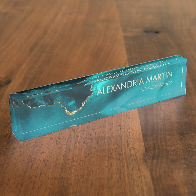 Stylish Modern Teal Gold Glitter Marble   Desk Name Plate (Side)