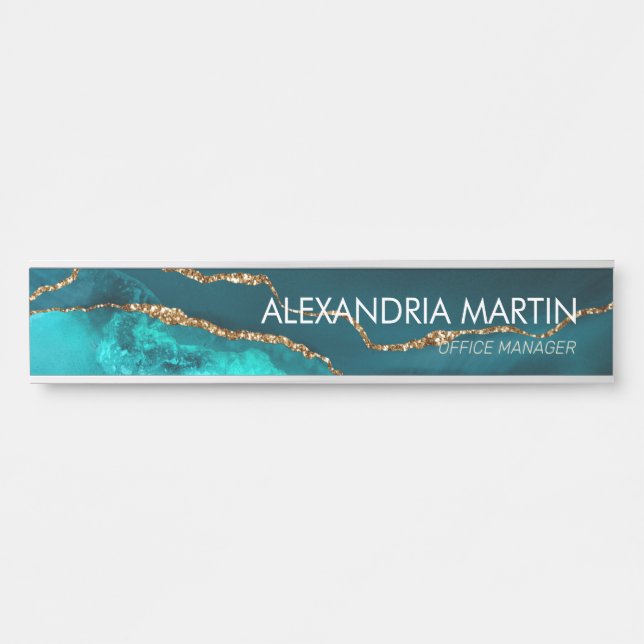 Stylish Modern Teal Gold Glitter Marble  Door Sign (Front)