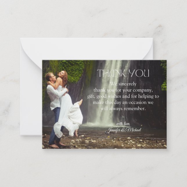 stylish modern thank you script wedding photo  note card (Front)