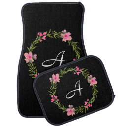 Stylish Modern Trendy Black Floral Monogram Car Floor Mat