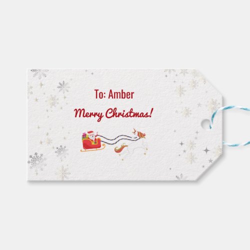 Stylish Modern Unicorn Santa Snow Name Script Xmas Gift Tags