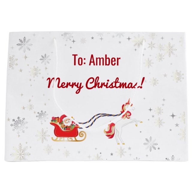Stylish Modern Unicorn Santa Snow Name Script Xmas Large Gift Bag (Front)