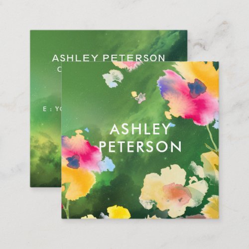 Stylish Modern Watercolor Floral Flowers Botanical Square Business Card