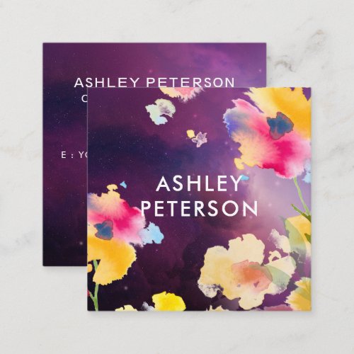 Stylish Modern Watercolor Floral Flowers Botanical Square Business Card