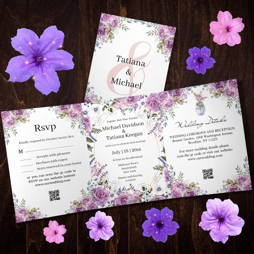 stylish modern watercolor purple botanical wedding Tri_Fold invitation