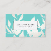 Stylish Modern White and Turquoise Leaves Pattern Business Card (Front)