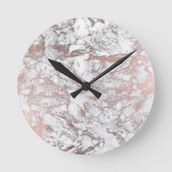Stylish Modern White Faux Rose Gold Elegant Marble Round Clock by pink_water at Zazzle