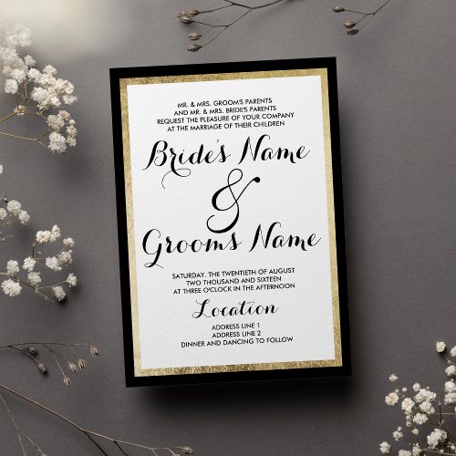 Stylish modern white gold black border Wedding Invitation