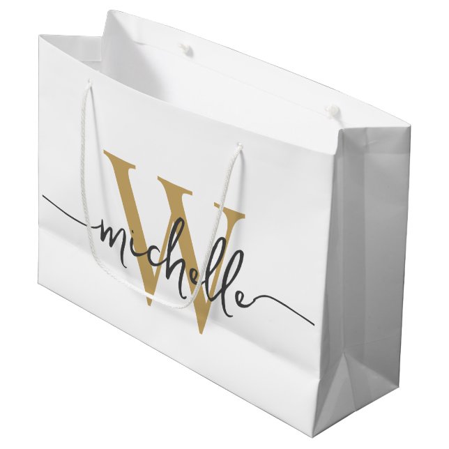 Stylish Modern White Gold Monogram Initial Script Large Gift Bag (Front Angled)