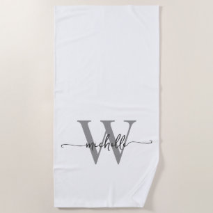 Stylish Modern White Gray Monogram Name Script Beach Towel