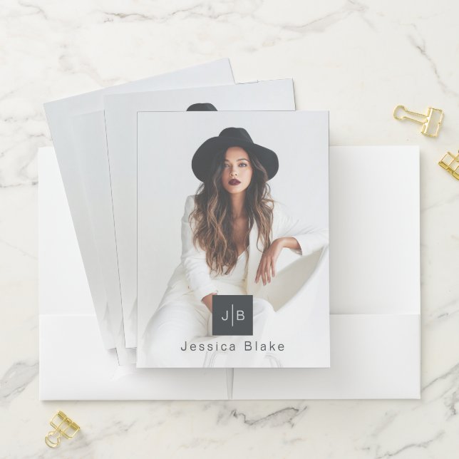 Stylish Modern Woman Entrepreneur Monogram Photo Pocket Folder (In Situ)