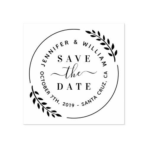 Stylish Modern Wreath  Cute Script Save The Date Rubber Stamp