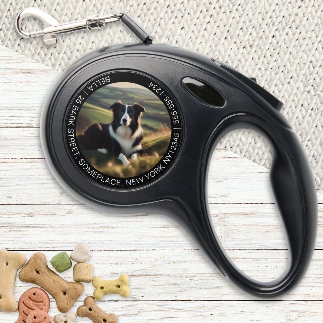 Stylish Modern Your Text Double Sided 2 Photos Retractable Pet Leash (A retractable dog lead to customize with 2 photos of your pet, and text around the edge)
