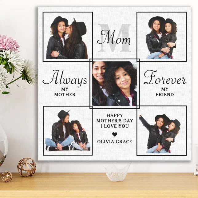 Stylish MOM Personalized Monogram 5 Photo Collage Canvas Print | Zazzle