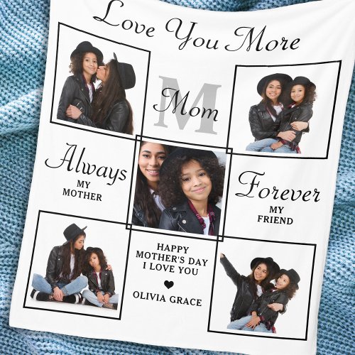 Stylish MOM Personalized Monogram 5 Photo Collage Fleece Blanket