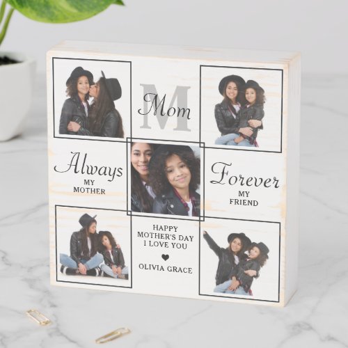 Stylish MOM Personalized Monogram 5 Photo Collage Wooden Box Sign - Surprise mom this mothers day with a personalized 5 photo unique mother poem & monogram wooden box sign. 
"Always My Mother, Forever My Friend" Personalize this mom plaque with favorite photos, message and name.. Visit our collection for the best mom mother's day gifts and personalized mom gifts. COPYRIGHT © 2022 Judy Burrows, Black Dog Art - All Rights Reserved. Unique MOM Personalized Monogram 5 Photo Collage Wooden Box Sign