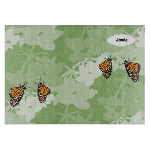 Stylish Monarch Butterflies Named Green Cutting Board