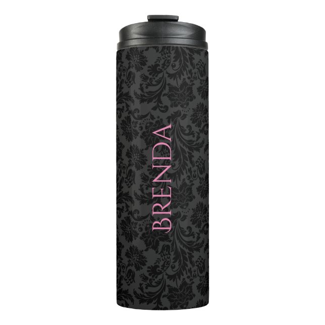 Stylish Monochromatic Black & Gray Damasks Pattern Thermal Tumbler (Front)