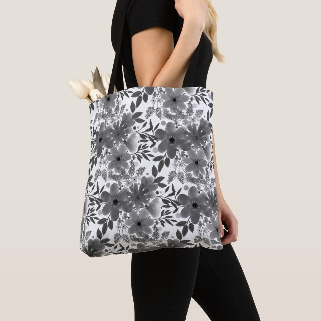 Stylish Monochromatic Gray/White Floral Pattern Tote Bag (Close Up)