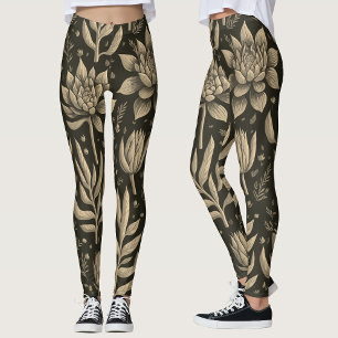 Stylish Monochrome Boho Succulents Floral Pattern  Leggings