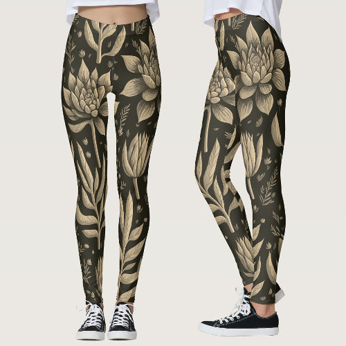 Stylish Monochrome Boho Succulents Floral Pattern Leggings