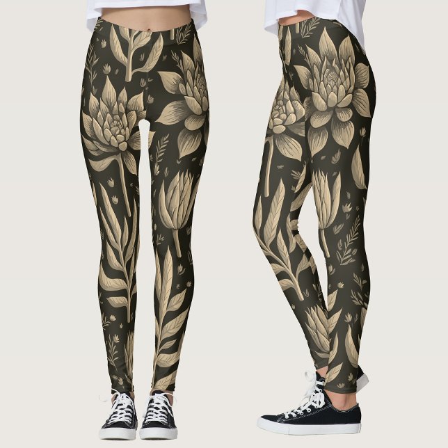 Stylish Monochrome Boho Succulents Floral Pattern  Leggings (Creator Uploaded)