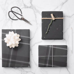 Stylish monochrome gray plaid and stars wrapping paper sheets