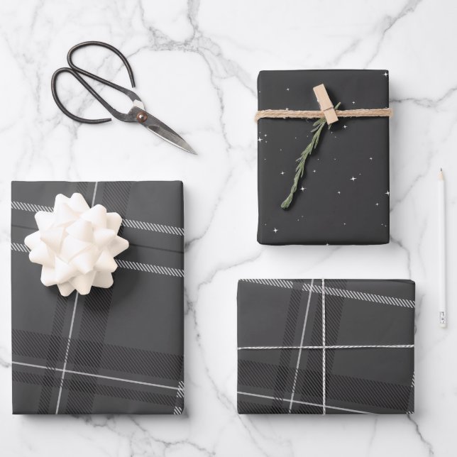 Stylish monochrome gray plaid and stars wrapping paper sheets (Front)
