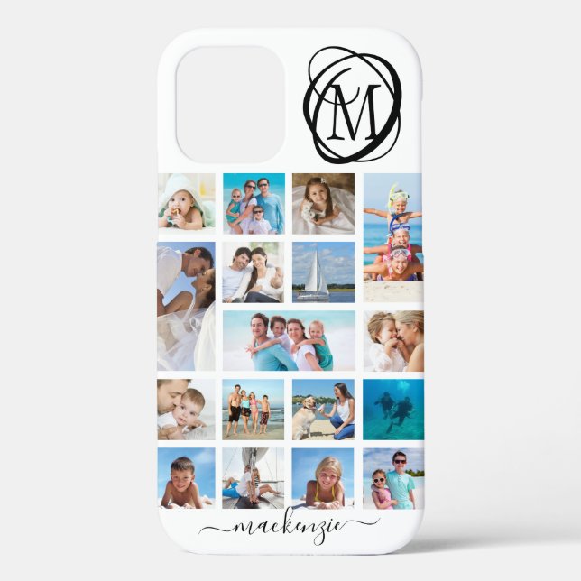 Stylish Monogram 17 Photo Collage Script Name Case-Mate iPhone Case (Back)
