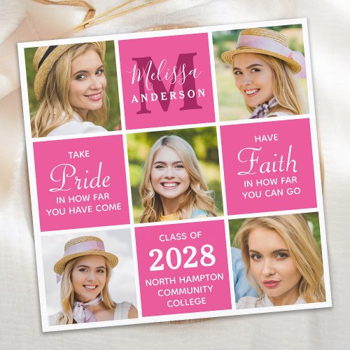 Stylish Monogram 5 Photo Collage Pink Graduation Announcement