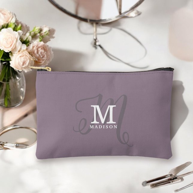 Stylish Monogram and Name Calligraphy Purple Accessory Pouch (Personalize with your name and monogram initial. Makes a lovely gift!)