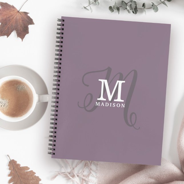 Stylish Monogram and Name Calligraphy Purple Notebook (Personalize this notebook with your name and monogram initial.)