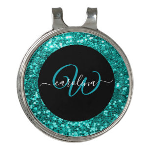 Stylish monogram aqua glitter name black golf hat clip