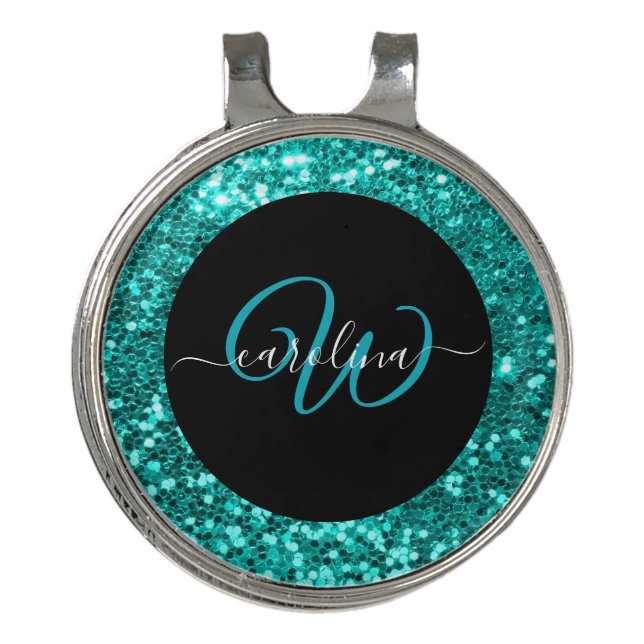 Stylish monogram aqua glitter name black golf hat clip (Front)