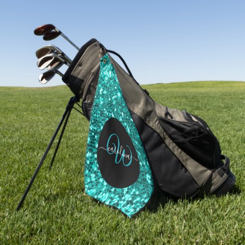 Stylish monogram aqua glitter name black golf towel