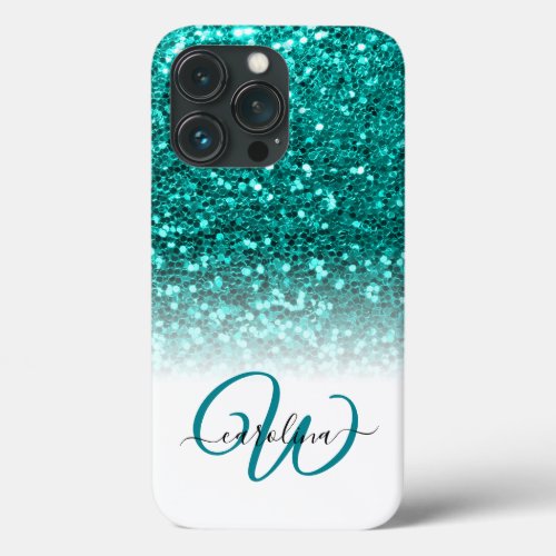Stylish monogram aqua glitter name white iPhone 13 pro case