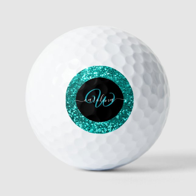 Stylish monogram aqua teal glitter name golf balls (Front)